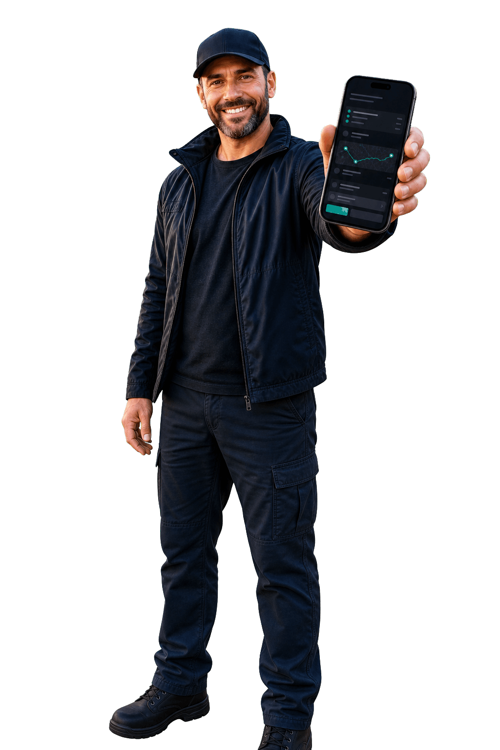 Smiling Fletes driver holding the Driver app on a phone