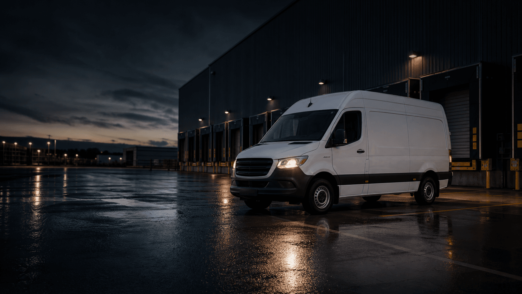 White cargo van at a warehouse loading dock